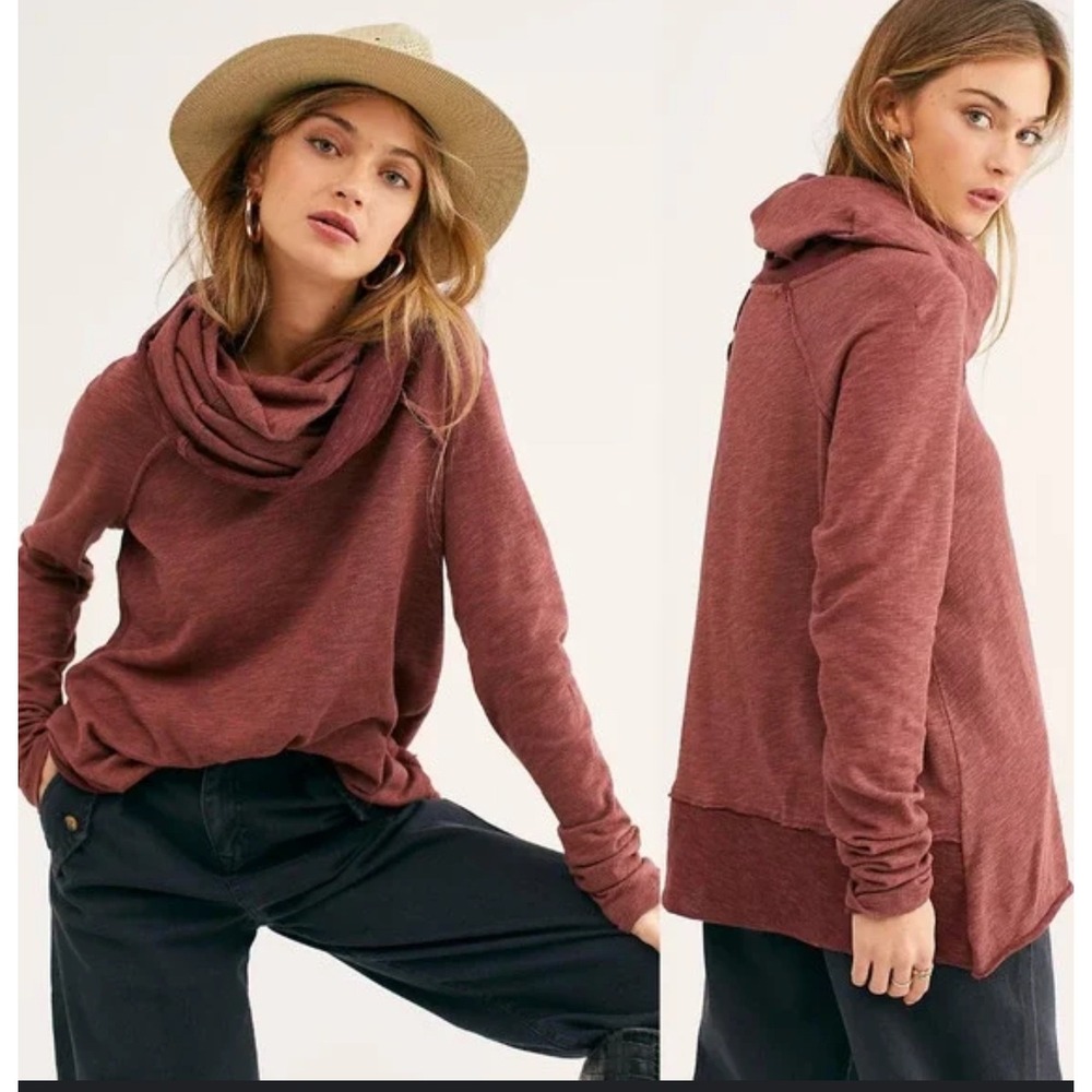 Free People FP Beach Oversized Cowl Neck Long Sleeve Top One Size‎ Cotton